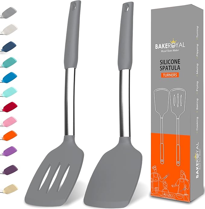BakeRoyal Silicone Spatula Set - Turner Spatulas Silicone Heat Resistant 600°F - Slotted & Solid Spatula for Cooking Fish, Eggs, Pancakes Flipper – Spatulas for kitchen use – Gray by BAKEROYAL