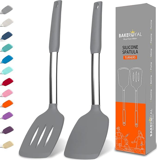 BakeRoyal Silicone Spatula Set - Turner Spatulas Silicone Heat Resistant 600°F - Slotted & Solid Spatula for Cooking Fish, Eggs, Pancakes Flipper – Spatulas for kitchen use – Gray by BAKEROYAL