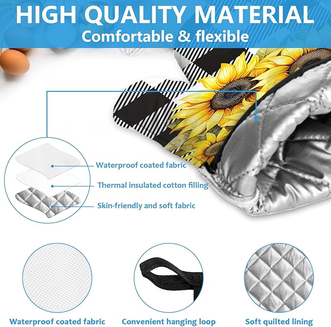 Sunflower Oven Mitts and Pot Holders Sets Heat Resistant 4Pcs Black White Buffalo Plaid Potholders Oven Gloves Hot Pads for Kitchen Baking Cooking Grilling BBQ