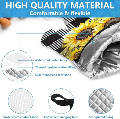 Sunflower Oven Mitts and Pot Holders Sets Heat Resistant 4Pcs Black White Buffalo Plaid Potholders Oven Gloves Hot Pads for Kitchen Baking Cooking Grilling BBQ