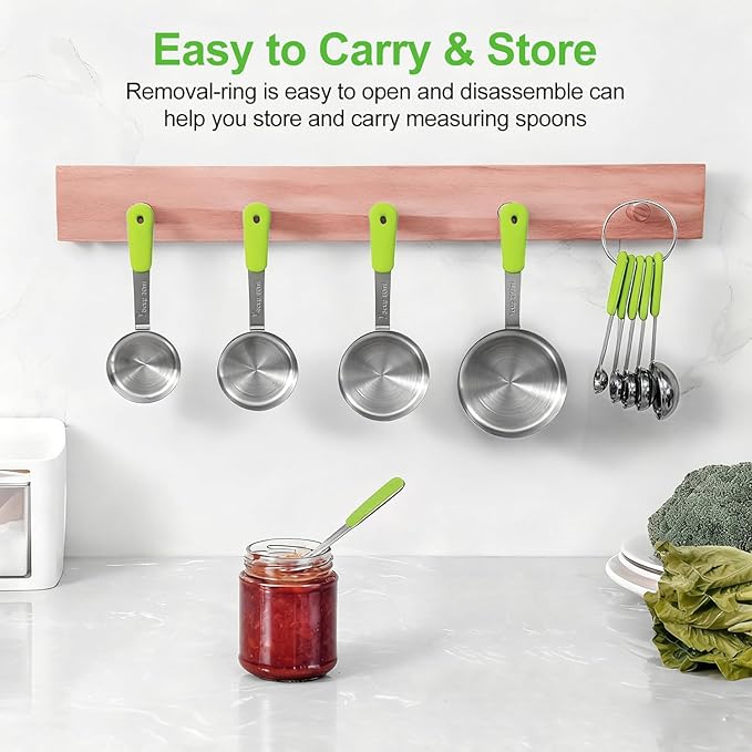 Bopei Measuring Cups and Spoons Set Stainless Steel 10 Piece for Cooking and Baking (5 Cups + 5 Spoons, Green Handle) - Image 5