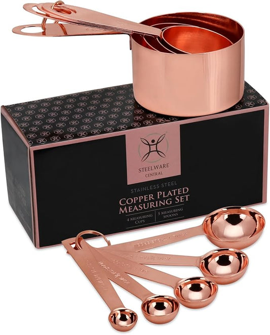Copper Measuring Cups and Spoons Stainless Steel 9 pieces with 2 Rings