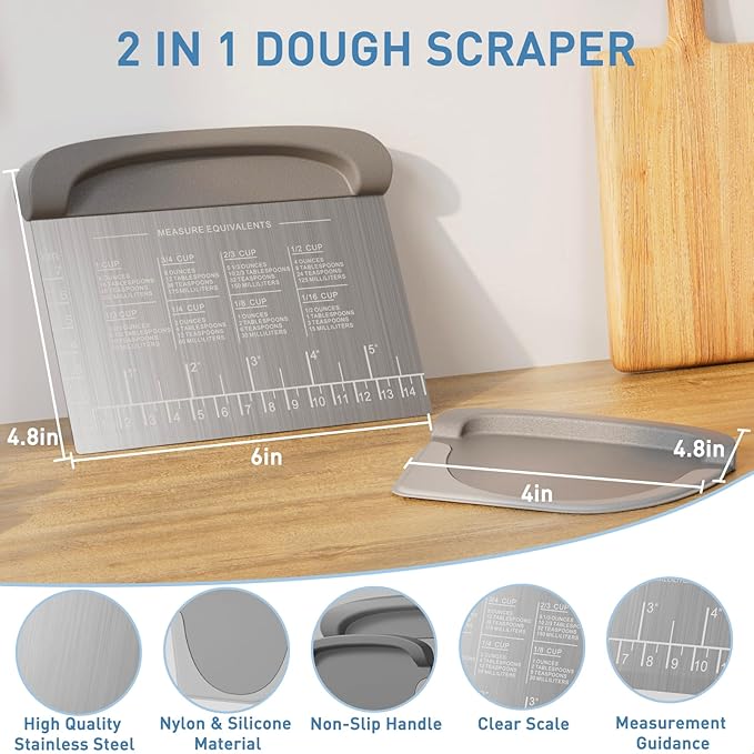 2 IN 1 Upgrade Bench Scraper, Dough Scraper for Pastry Bread Cake Pizza, Stainless Steel Dough Cutter with Conversion Chart & Measuring Scale, Bowl Scraper Food Scraper for Kitchen Baking, Gray - Image 2