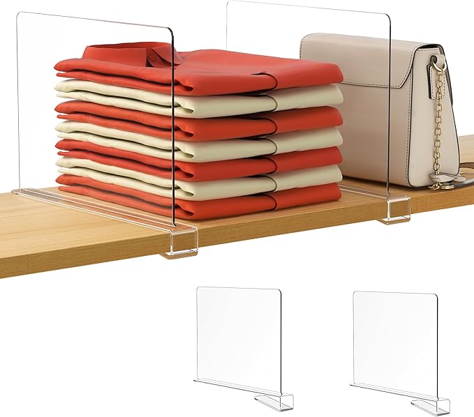 HBlife 2 Pack Clear Shelf Dividers, Vertical Purse Organizer for Closet Perfect for Sweater, Shirts, Handbags in Bedroom and Kitchen, Adjustable Acrylic Bookshelf for Organization by HBlife