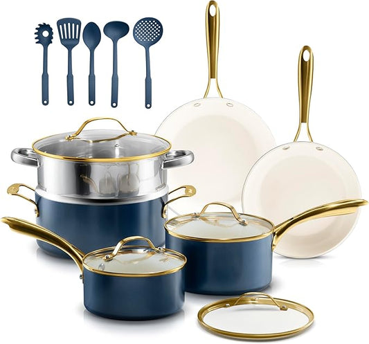 Gotham Steel 15 Pc Ceramic Pots and Pans Set Non Stick, Kitchen Cookware Sets, Pot and Pan Set, Ceramic Cookware Set, Non Toxic Cookware Set, Non Stick Pots and Pan Set, Dishwasher Safe - Navy by GothamSteel