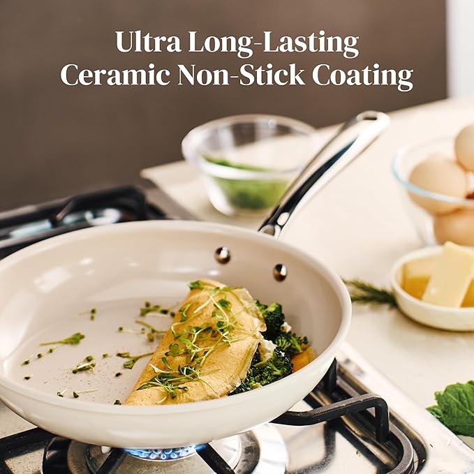 Redchef Nonstick Frying Pans Set, Ceramic Pan Skillet, Non Toxic Pans for Cooking, 8" 9.5" 11" Ceramic Frying Pan Set PFAS & PTFE & PFOA Free with Stay Cool Handle, Dishwasher & Oven Safe, Beige White - Image 5