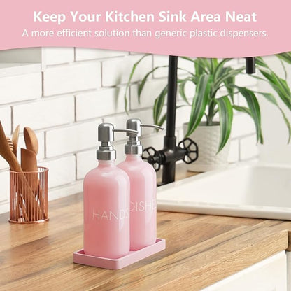 Pink Glass Dish and Hand Soap Dispenser Set - Kitchen Soap Dispenser with Tray and Stainless Steel Pump - for Modern Pink Kitchen Decor and Accessories