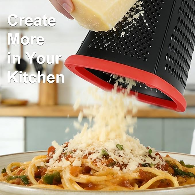 Ourokhome Cheese Grater with Handle, Stainless Steel Box Grater, 4 Side Kitchen Vegetable Shredder Slicer Zester with Container for Parmesan, Cabbage, Ginger, Lemon, Chocolate, Coconut (Red and Black) - Image 7