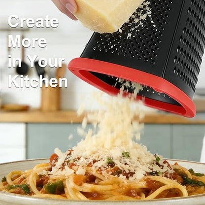 Ourokhome Cheese Grater with Handle, Stainless Steel Box Grater, 4 Side Kitchen Vegetable Shredder Slicer Zester with Container for Parmesan, Cabbage, Ginger, Lemon, Chocolate, Coconut (Red and Black) - Image 7
