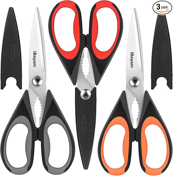 iBayam 3-Pack 8.5"Kitchen Scissors All Purpose Heavy Duty with Protective Sheath, Soft Grip Comfort Handle, Dishwasher Safe Kitchen Utensils Gadgets Set, Stainless Cooking Meat Poultry Food Shears by iBayamDirect