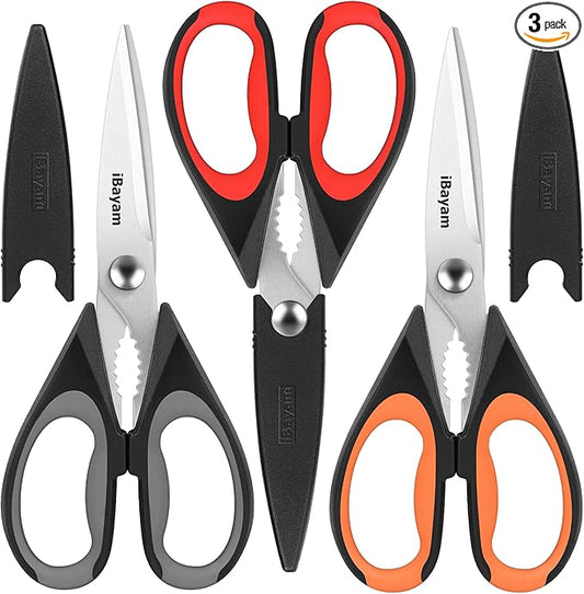 iBayam 3-Pack 8.5"Kitchen Scissors All Purpose Heavy Duty with Protective Sheath, Soft Grip Comfort Handle, Dishwasher Safe Kitchen Utensils Gadgets Set, Stainless Cooking Meat Poultry Food Shears by iBayamDirect