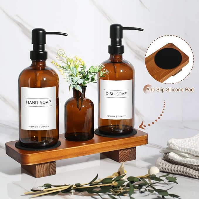 Kitchen Soap Dispenser Set with Wood Riser Tray, Amber Glass Soap Dispenser with Stainless Steel Pump, Hand and Dish Soap Dispenser Set for Kitchen, Soap and Lotion Dispenser Bathroom Decor(Amber) - Image 4