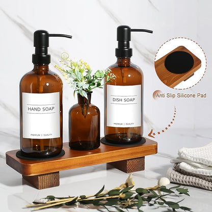 Kitchen Soap Dispenser Set with Wood Riser Tray, Amber Glass Soap Dispenser with Stainless Steel Pump, Hand and Dish Soap Dispenser Set for Kitchen, Soap and Lotion Dispenser Bathroom Decor(Amber) - Image 4