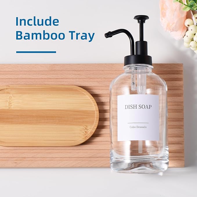 Glass Soap Dispenser with Pump, Dish and Hand Soap Dispenser for Kitchen Bathroom Set, Clear Glass Dispenser Set of 2 Pack with 18 Stickers Funnel Bamboo Tray 500ml 18oz / Each Bottle Sliver Pump - Image 4