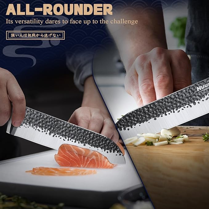 Huusk Santoku Knife 7 Inch Japanese Kitchen Knife Hand Forged Chopping Knives Razor Sharp Chef Knife for Vegetables Meat Home Cooking with Premium Present Box for Dad Mom - Image 5