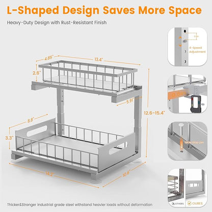 Under Sink Organizer, Heavy Duty Metal Pull Out Cabinet Organizer Slide Out Sink Shelf Organizer Height Adjustable, Multi-Purpose Storage Shelf for Kitchen Bathroom(Sliver,1Pack)