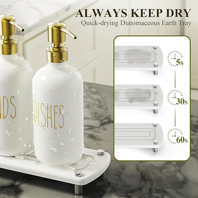 Cisily Kitchen Soap Dispenser Set Comes with Ceramics Sponge Holder, Gold Pumps, and Instant Dry Tray, Hand and Dish Soap Dispenser Set (4, Gold + White + Brush Holder) - Image 2