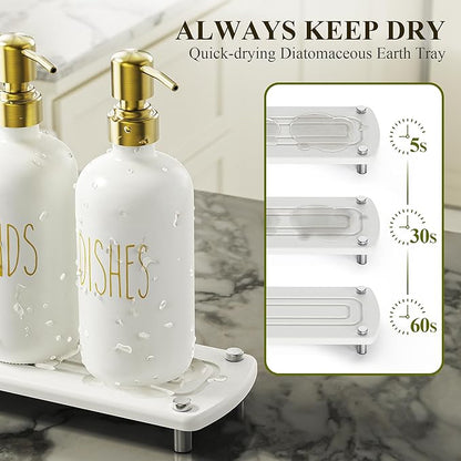 Cisily Kitchen Soap Dispenser Set Comes with Ceramics Sponge Holder, Gold Pumps, and Instant Dry Tray, Hand and Dish Soap Dispenser Set (5, Gold + White + Brush Holder + Sponge Holder) - Image 2