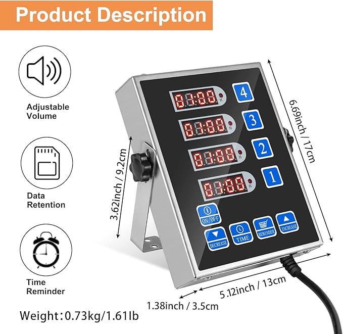 Precision Kitchen Timers for Cooking – 4 Channel Commercial Kitchen Timer Restaurant Kitchen Supplies – Stainless Steel Digital LED Chef Cooking Timer – Reminder Function, Loud Alarm, Black - Image 3