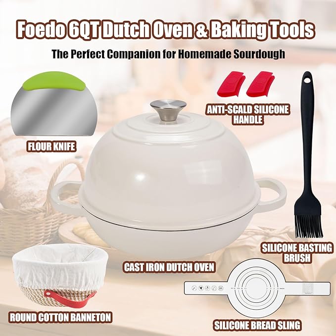 6QT Enameled Cast Iron Dutch Oven for Bread Baking – Sourdough Starter Kit with Cotton Basket, Bread Sling, Lame, Brush & Handle Cover – Multi-Purpose Pot for Baking, Frying, Braising – White