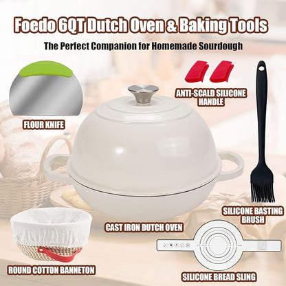 6QT Enameled Cast Iron Dutch Oven for Bread Baking – Sourdough Starter Kit with Cotton Basket, Bread Sling, Lame, Brush & Handle Cover – Multi-Purpose Pot for Baking, Frying, Braising – White