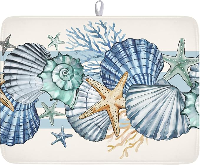 Summer Sea Shell Drying Mat 24x18 Inch, Starfish Drying Mat with Absorbent Reversible Microfiber, Coastal Dish Drainer Mats Holiday Ocean Rack Pad for Coffee Countertop Kitchen Protector