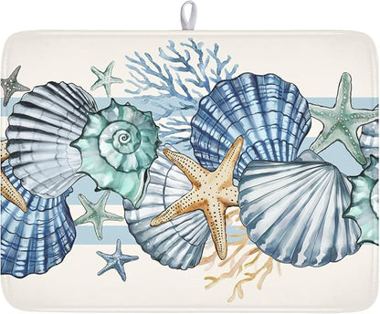 Summer Sea Shell Drying Mat 24x18 Inch, Starfish Drying Mat with Absorbent Reversible Microfiber, Coastal Dish Drainer Mats Holiday Ocean Rack Pad for Coffee Countertop Kitchen Protector