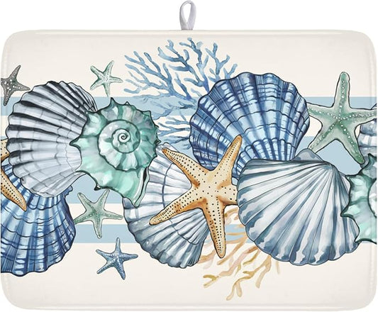 Summer Sea Shell Drying Mat 24x18 Inch, Starfish Drying Mat with Absorbent Reversible Microfiber, Coastal Dish Drainer Mats Holiday Ocean Rack Pad for Coffee Countertop Kitchen Protector