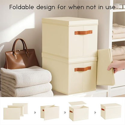 Homsorout Storage Bins with Lids - Fabric Storage Baskets for Shelves, 6 Pack Foldable Decorative Boxes with Handles, Stackable Organizer Bins for Home, Nursery, Dorm, Beige