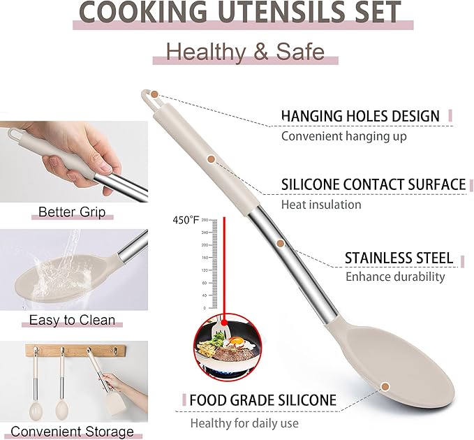 E-far Silicone Cooking Utensils Set, 30 Pcs Heat Resistant Kitchen Utensils with Stainless Steel Handle, Heat Resistant Kitchen Spatulas Turner Tong Spoon Whisk Ladle for Nonstick Cookware, Khaki - Image 3