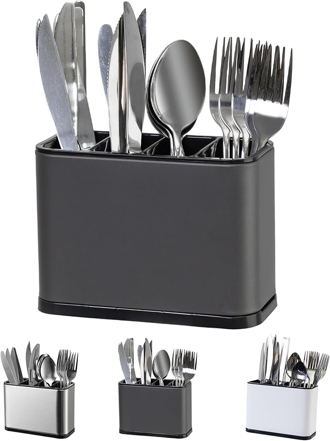 LIBODOUR Utensil Holder,Stainless Steel Caddy Counter,Spoon holder,4 Compartments Silverware Caddy,Capacity Flatware Spoon Fork Tool Cutlery Holder(Grey) by ModernandFarmhouseUtensilHolder