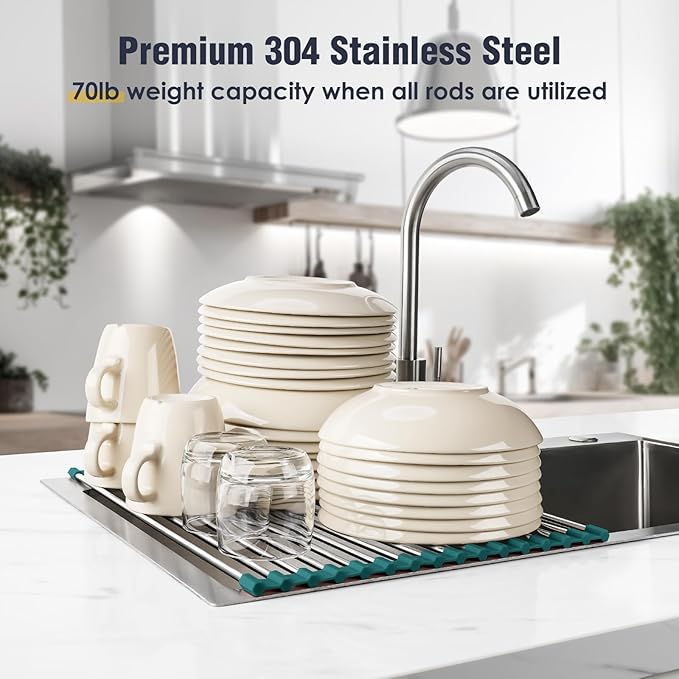 Tomorotec Stainless Steel Roll Up Dish Drying Rack, Foldable Over The Sink Rolling Drainer Rack, Multipurpose Kitchen Gadget Draining Caddy Organizer, Space Saving Sink Accessory Storage Shelf Holder - Image 5
