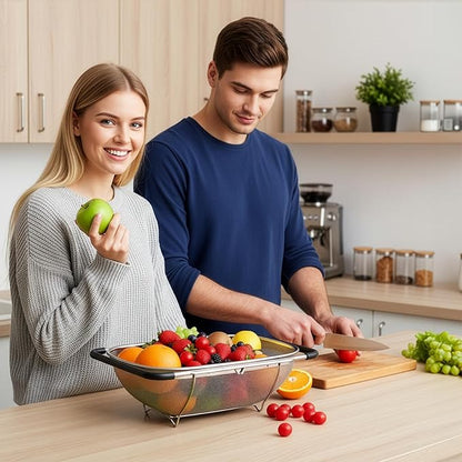 Suwimut 2 Pack Over the Sink Oval Colander for Kitchen, Stainless Steel Fine Mesh 6 Quart Strainer Basket with Expandable Rubber Grip Handles for Straining, Draining, Rinsing Fruits, Vegetables - Image 6