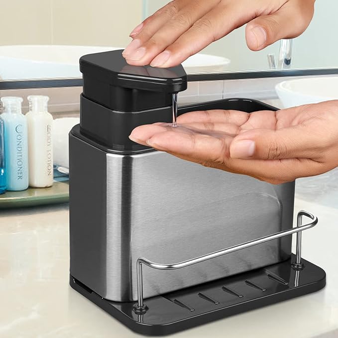 RedCall Soap Dispenser for Kitchen Sink, 3-in-1 Sponge Holder for Kitchen Sink Caddy, Stainless Steel Kitchen Sink Organizer Tray Drainer Rack, Rustproof Dish Soap Dispenser Brush Holder Countertop - Image 3