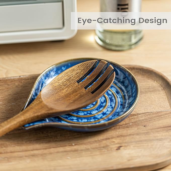 LAUCHUH Spoon Rest for Stove Top, 5” Ceramic Spoon Holder Cooking Utensil Holder for Mother's Day, Kitchen Countertops, Ladle, Cooking Spoons, Spatula, Tongs, Heat-Resistant, Starry Blue