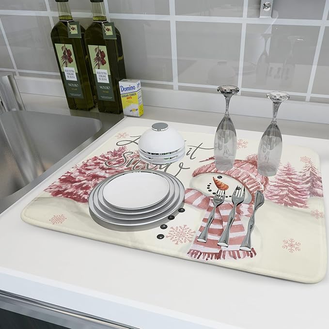Giwawa Pink Snowman Dish Drying Mat Xmas Trees Bird Winter Snowy Scene Dish Drainer Mats 18"x24" Microfiber Reversible Dish Drying Rack Pad Protector for Kitchen Countertop Decor