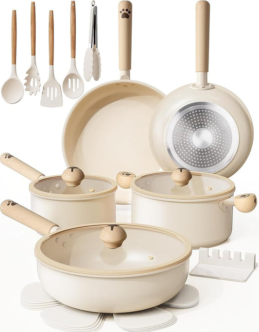 Astercook Pots and Pans Set Non Stick, Ceramic Cookware Set Non Toxic, 18 Pcs Dishwasher Safe Induction Cookware for Everyday Cooking & Kitchen Mothers Day Gifts