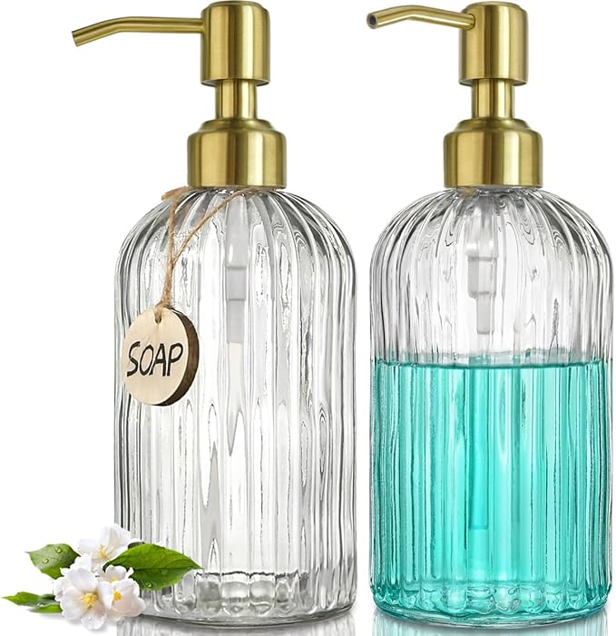 JASAI 2PACK 18Oz Fluted Glass Soap Dispenser with Golden Rust Proof Pump, Refillable Kitchen soap Dispenser with Vertical Stripe, Bathroom Soap Dispenser for Dispense Hand soap, Dish Soap, Lotion. by JASAIHOME