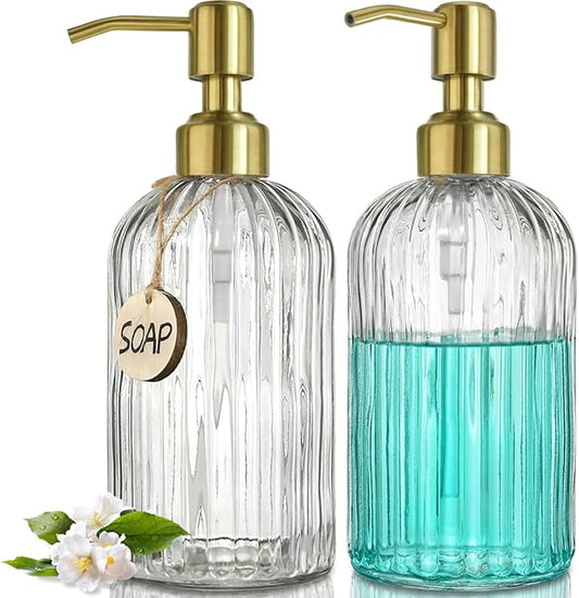 JASAI 2PACK 18Oz Fluted Glass Soap Dispenser with Golden Rust Proof Pump, Refillable Kitchen soap Dispenser with Vertical Stripe, Bathroom Soap Dispenser for Dispense Hand soap, Dish Soap, Lotion. by JASAIHOME