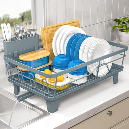 Urackify Dish Drying Rack for Kitchen Counter, Sink Dish Rack with Drainboard, Large Dish Drainer with Cups Holder, Home Countertop Plate Dryer Storage Rack with Cutlery Holder, Blue - Image 3