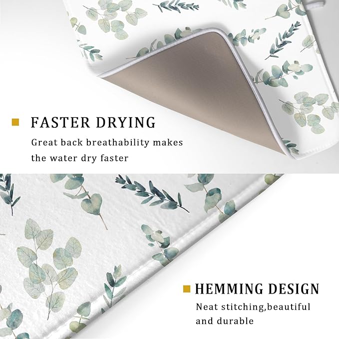 Eucalyptus Leaf Dish Drying Mat for Kitchen Counter Spring Summer Seasonal Microfiber Absorbent Dish Draining Reusable Washable Foldable Extra Large 18"x24" - Image 3