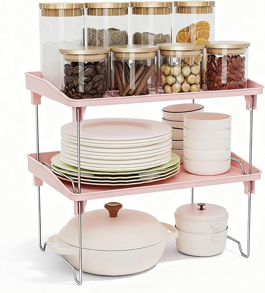 STARLATTA 2 Pcs Cabinet Organizer Shelf，Stackable Kitchen Counter Shelves, Spice Rack,Countertop Organizers，Pink Plastic Storage Shelves Rack for Makeup，Bathroom, Cupboard，Desk，Pantry Organization by STARLATTA