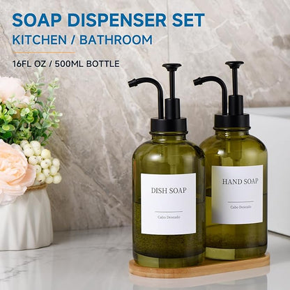 Glass Soap Dispenser with Pump, Dish and Hand Soap Dispenser for Kitchen Bathroom Set, Clear Glass Dispenser Set of 2 Pack with 18 Stickers Funnel Bamboo Tray 500ml 18oz Green - Image 2