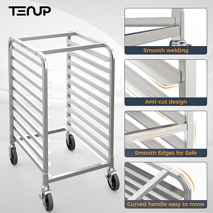 TenUp 10-Tier NSF Aluminum Sheet Pan Rack, Commercial Bakery Cooling & Storage Cart with Wheels, Heavy-Duty Bun Rack – 26" L x 20" W x 38" H - Image 5