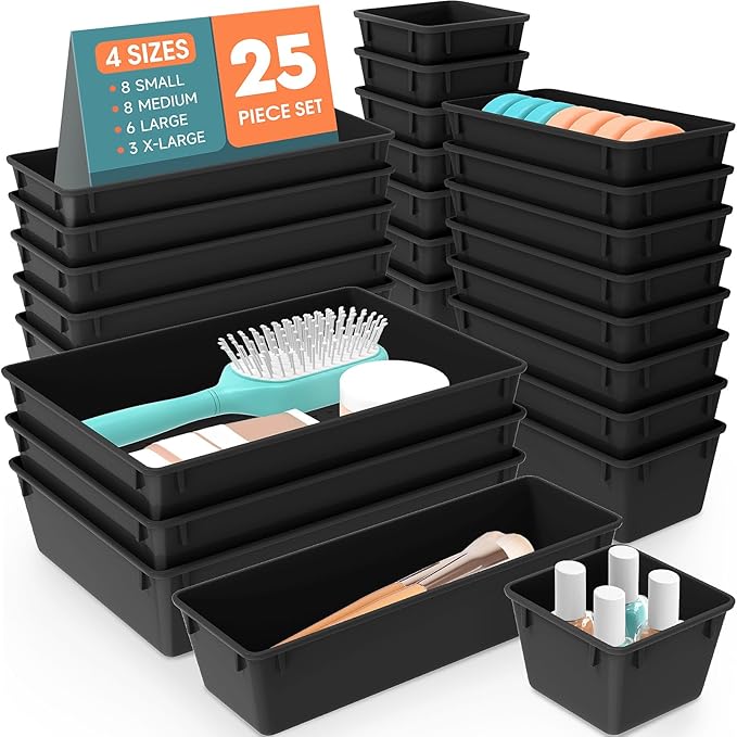 WOWBOX 25 PCS Plastic Drawer Organizer Set, Desk Drawer Divider Organizers and Storage Bins for Makeup, Jewelry, Gadgets for Kitchen, Bedroom, Bathroom, Office, Deep Black by WOWBOX