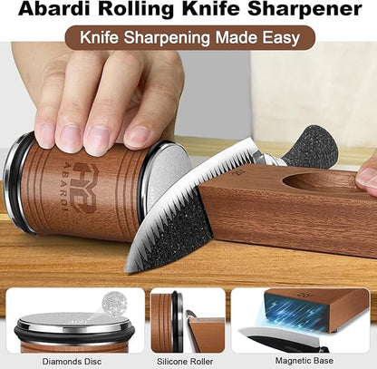 Abardi Rolling Knife Sharpener, Knife Sharpening with Diamonds Made Easy, Knife Sharpeners Kit with 15 & 20 Degree Magnetic Angle, Fathers Day Gift for Men Dad Husband Fathers (Walnut)