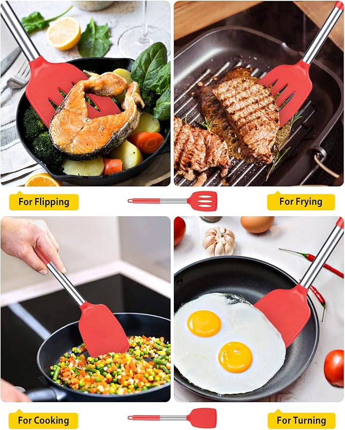 Pack of 2 Silicone Solid Turner, Non Stick Slotted Kitchen Spatulas, High Heat Resistant BPA Free Cooking Utensils, Ideal Cookware for Fish, Eggs, Pancakes(Red) - Image 3