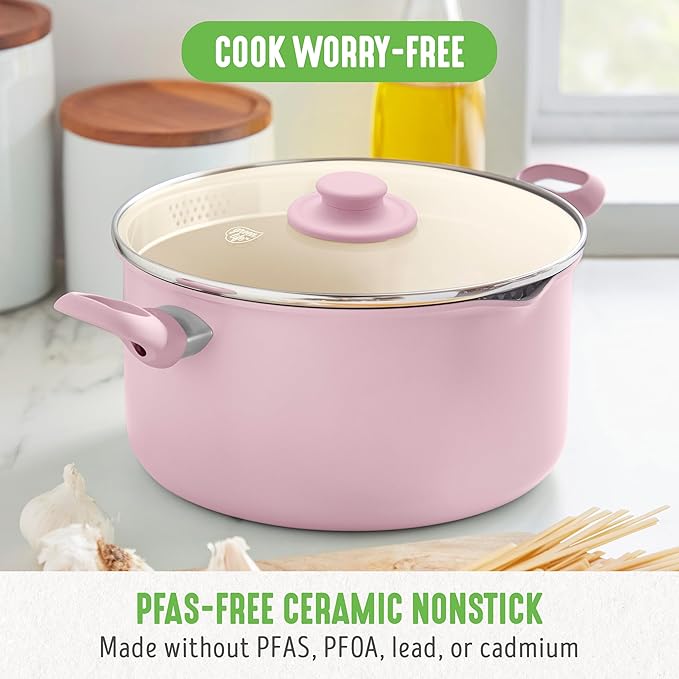 GreenLife 6QT Ceramic Nonstick Stockpot with Glass Straining Lid, PFAS-Free, Dishwasher Safe, Stay-Cool Handles, Oven Safe to 350°F, Wobble-Free Base, Even Heating, Pink - Image 2