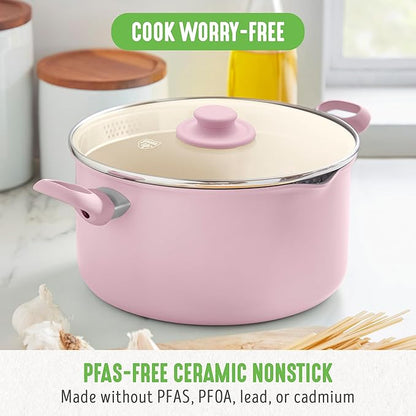 GreenLife 6QT Ceramic Nonstick Stockpot with Glass Straining Lid, PFAS-Free, Dishwasher Safe, Stay-Cool Handles, Oven Safe to 350°F, Wobble-Free Base, Even Heating, Pink - Image 2