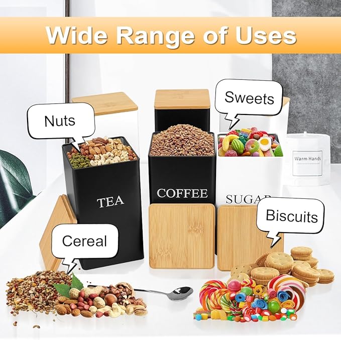 3 Pcs Tea Coffee Sugar Canisters, Black Metal Canister Storage Jar Container Set, Food Storage With 3 Spoons, Rust Resistant Powder Coated Iron Caddies for Kitchen Worktop Organizer (White) - Image 6